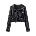 Flat lay of a black sequin cropped jacket featuring two large satin bow tie closures - Multicolor (Large Sequin)