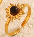 Golden sunburst sunflower ring featuring a brown obsidian inlay with an open adjustable band - Tiger Eye Stone Ring
