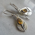 Pendientes vintage de plata con cristal champán y diseño de hojas en estilo retro - Gota Plata Gema Amarilla / Naranja