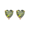 Detail view of heart-shaped emerald green zircon earrings with golden 3-prong settings - Earrings-Olive Green