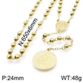 Religious 6mm gold stainless steel bead necklace with 24mm engraved medallion pendant - Gold Saint Benedict Medal Style (KN117708-Z)
