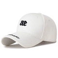 White cotton baseball cap with black AL embroidery and aesthetic text on the brim - White