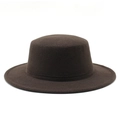 Detail of a dark brown wool felt flat top hat with a short brim and smooth texture - S / Coffee