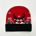 Winter Christmas knit beanie with red reindeer patterns and a thick black cuffed edge - Style 4 (Red Black Brim Reindeer Tree)