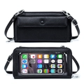 Black cross-body phone bag with litchi texture leather and transparent touch screen window - Black