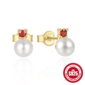 Eleganti orecchini a lobo in argento 925 con perle bianche e pietre preziose rosse - Rubino e perla / Oro
