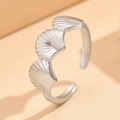 Adjustable silver stainless steel open ring featuring a triple seashell ocean design - J03288 / Silver