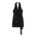 Elegant black velvet halter mini dress with fringe trim on white background - XS / Black