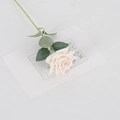 Light pink velvet artificial rose with green leaves on white card with text - Velvet Small Corner Rose Champagne