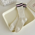 Mid-calf beige slouch socks with color speckles and black-pink stripes on ribbed cuffs - One Size / Speckled White