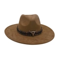 Western tan Tibetan style fedora hat with colorful band and bull skull detail - Colorful Bull Head Ornament / Army Green