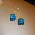 Asymmetric golden earrings featuring deep blue crystal square studs and long hanging chains - 11# Silver Needle-Blue Square