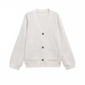 Women's loose V-neck knitted cardigan with front buttons and two square pockets - S / White