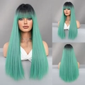 Long straight hair wig with bangs featuring a stylish black to green gradient finish - 68CM / Grass Green Root Dye