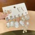 Elegant gold earrings set featuring white heart studs and floral pearl tassel designs - 10# Gold/Beige (Silver Pin)