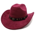 Close-up of burgundy suede cowboy hat featuring black leather band with metal bull head - M (56-58cm) / Burgundy