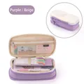 Large capacity canvas pencil case in purple and beige with multiple compartments - Canvas Purple
