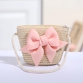 Handmade woven mini straw bag for children with a large pink bow and zipper closure - Beige with 3D Pink Bow