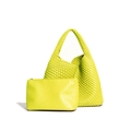 Neon green hand-woven large tote bag and matching zipper pouch with iconic woven texture - Lemon Yellow