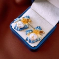 Vintage rhombic flower earrings with blue and yellow enamel and white pearl center - Style 34 S925 Silver Needle - Gold - Zircon Flower