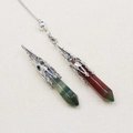 Hexagonal green agate and reddish-brown crystal pendants with silver hollow metal caps - India Agate
