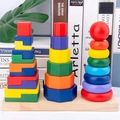 Rainbow wooden stacking towers toy set with geometric shapes on natural wood base - Three-Column Tower (Large)