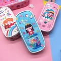 Detailed view of four colorful cartoon pencil cases with cute bear and rabbit prints - Blue Color Ball Girl