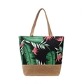 Canvas tote bag with tropical leaf print and natural jute bottom, dual shoulder straps - Style 2/Black with Green Leaves