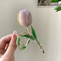 Elegant purple tulip flower hair claw clip with golden metal frame and green leaves - L95 Purple Tulip Green Leaf