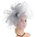 Elegant grey fascinator hat with mesh flowers and feathers for party and wedding events - Gray