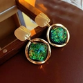 Vintage gold earrings with square green gemstones and sparkling diamond accents - 81 Silver Pin-Gold Geometric Rhombus