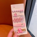 Set of 5 pink hair clips with pearls and strawberry motifs on a display card - Peach Heart 5-piece Set