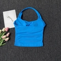 Detailed flat lay of sky blue halter sports top with ribbed waist and pleated chest - S / Electric Blue