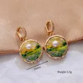 Artistic oil painting style purple floral enamel pearl drop earrings in golden finish - Pastoral Landscape [C-34]