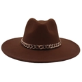 Detail of dark brown fedora with a wide brim and thick golden acrylic chain link - Adult (57-60cm) / Coffee (Acrylic)