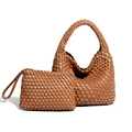 Sac hobo tissé à la main en cuir caramel avec sa pochette assortie de luxe - Marron
