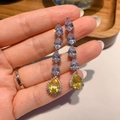 Elegant silver drop earrings featuring sparkling pear-cut yellow and clear zircons - Golden Yellow Zirconia Dangle Earrings 8X10