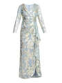Abito lungo elegante celeste con jacquard floreale dorato e spacco laterale raffinato - S / Blu Lago/Oro