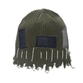 Green knit beanie with denim patches and frayed distressed details for a vintage look - M (56-58cm) / Army Green