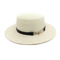 Close-up of cream boater hat featuring fine woven texture and black leather band with gold buckle - M (56-58cm) / Cream