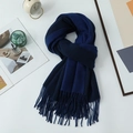 Thick knit dark blue and navy double-sided scarf with fringe and soft texture - 200*68CM / Navy Blue