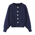 Navy blue crew neck knit cardigan with ornate silver metal buttons and ribbed cuffs - S / Cardigans / Navy Blue
