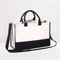 White and black canvas tote bag with shoulder strap and a small striped bow accessory - Zipper Crossbody Style-With Shoulder Strap / Beige Black-Blank