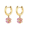 Detail of gold floral drop earrings featuring pink crystal petals and a clear center stone - Rose Red