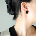 Square silver stud earrings with black shell inlay and engraved Roman numerals - Silver