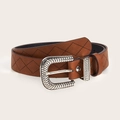 Cintura in pelle marrone con motivo a rombi e fibbia argentata incisa vintage - Stile Goffrato a Diamante Marrone (1308)