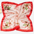 Elegant square floral silk scarf with red border and cream botanical pattern print - Red Edge Green Leaves
