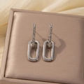 Silver drop earrings with sparkling rhinestones and a sleek rectangular metal ring pendant - Strip Rectangular Pendant / Silver