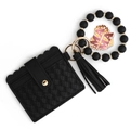 Black woven PU leather card holder with silicone bead bracelet and leopard MAMA charm - Black