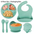 Mint green 6-piece silicone baby feeding set including suction plate, bowl and bib - 6-Piece Set with Full Silicone Cutlery / Cyan